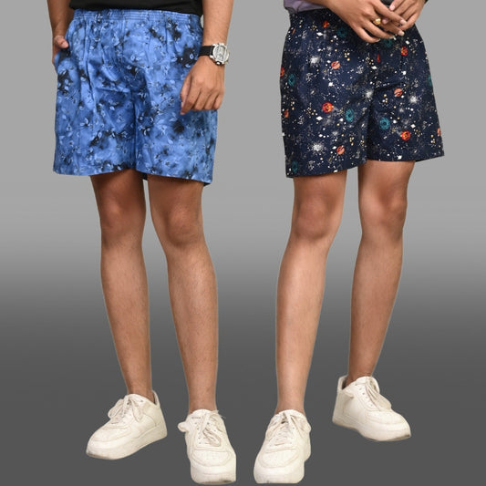 Pack Of 2 Blue And Dark Blue Mens Printed Shorts Combo