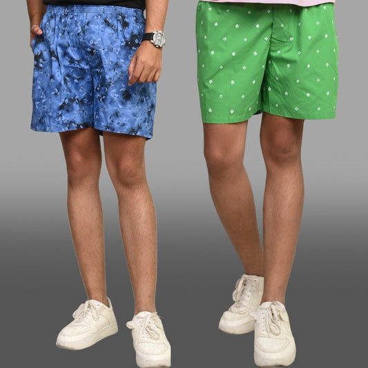 Pack Of 2 Blue And Green Mens Printed Shorts Combo