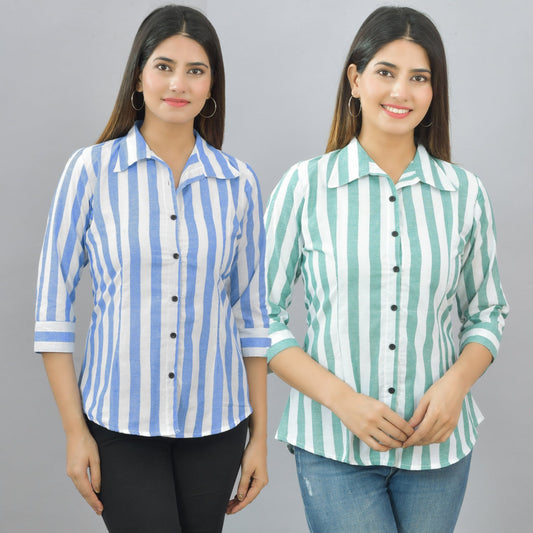 Pack Of 2 Womens Blue And Green Spread Collar Striped Shirt Combo