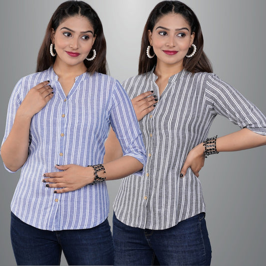 Pack Of 2 Womens Blue And Grey Mangoline Striped Casual Shirt