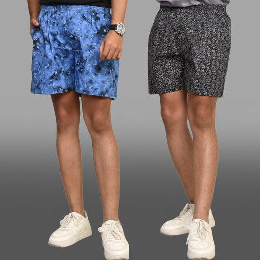 Pack Of 2 Blue And Grey Mens Printed Shorts Combo
