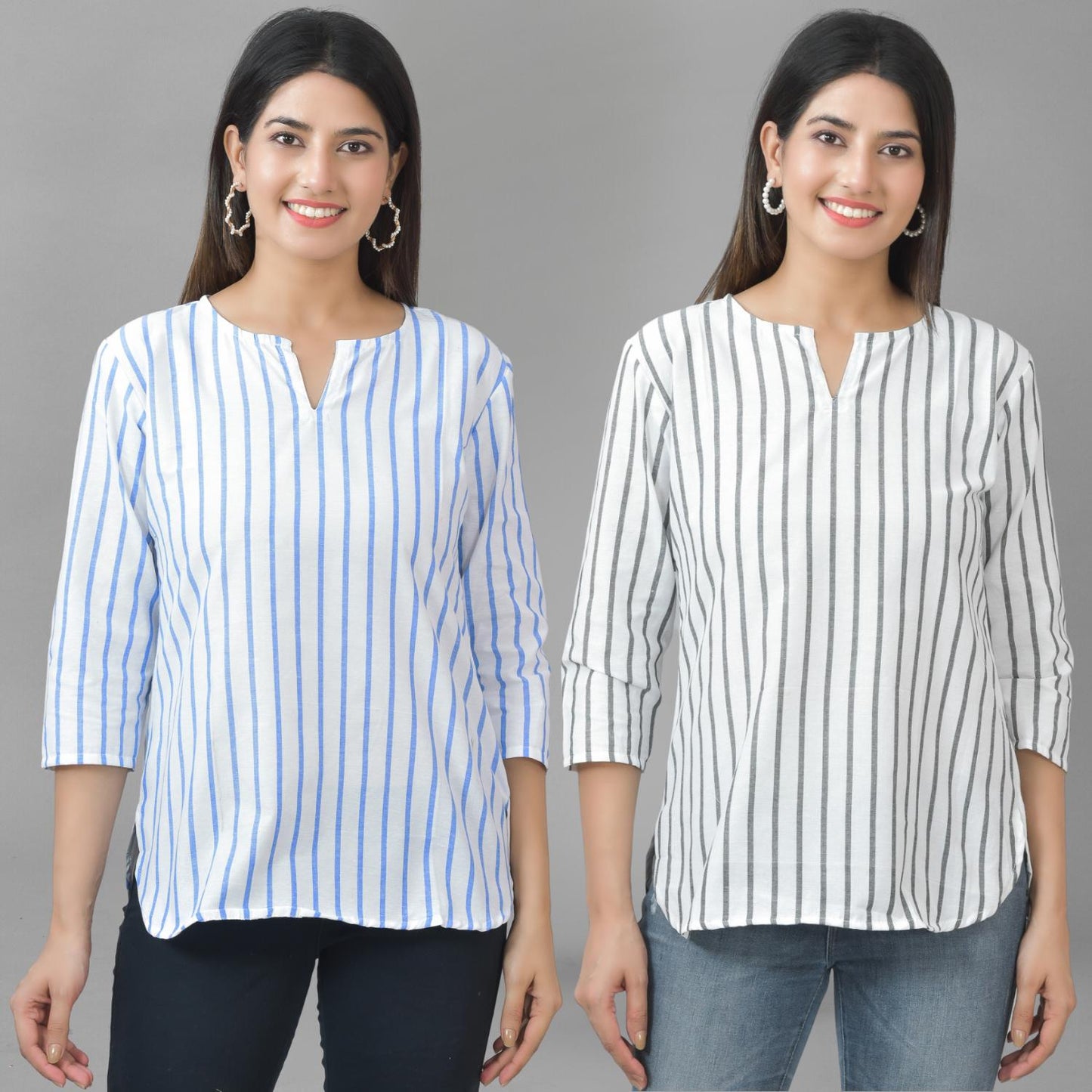 Pack Of 2 Blue And Grey Striped Cotton Womens Top Combo