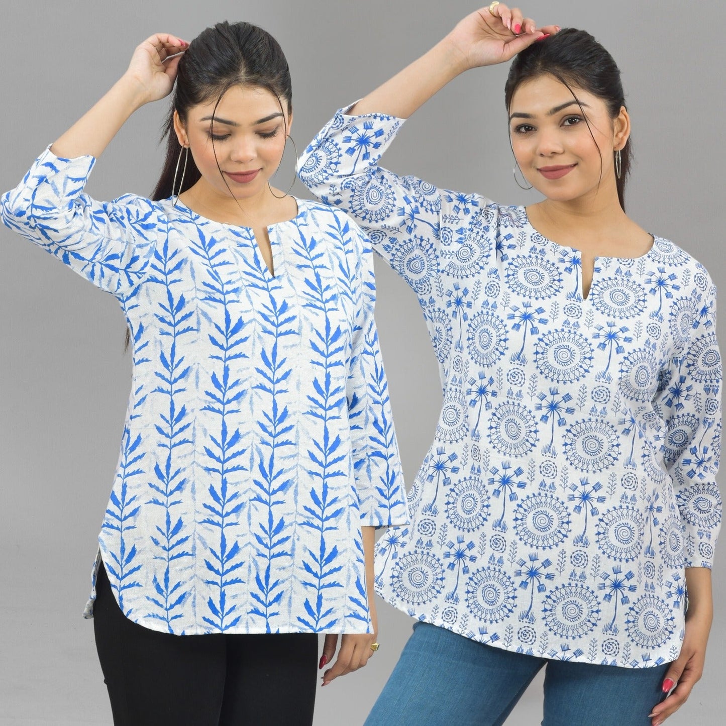 Pack Of 2 Womens Regular Fit Blue Leaf And Blue Tribal Printed Tops Combo