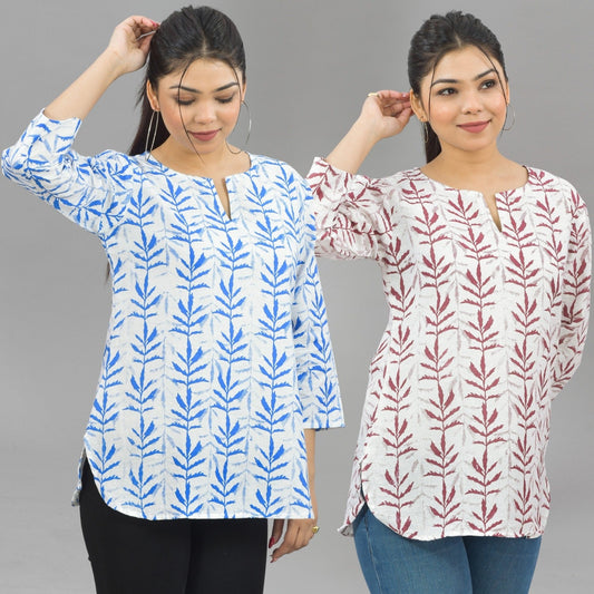 Pack Of 2 Womens Regular Fit Blue Leaf And Maroon Leaf Printed Tops Combo