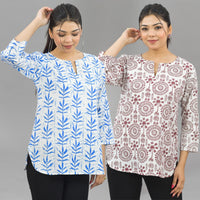 Pack Of 2 Womens Regular Fit Blue Leaf And Maroon Tribal Printed Tops Combo