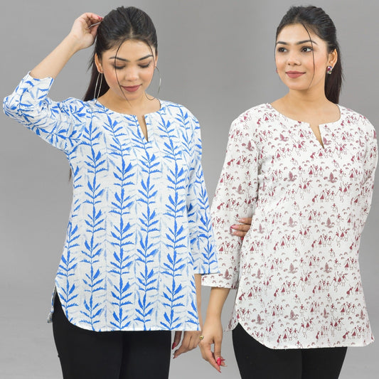 Pack Of 2 Womens Regular Fit Blue Leaf And Maroon Vector Printed Tops Combo