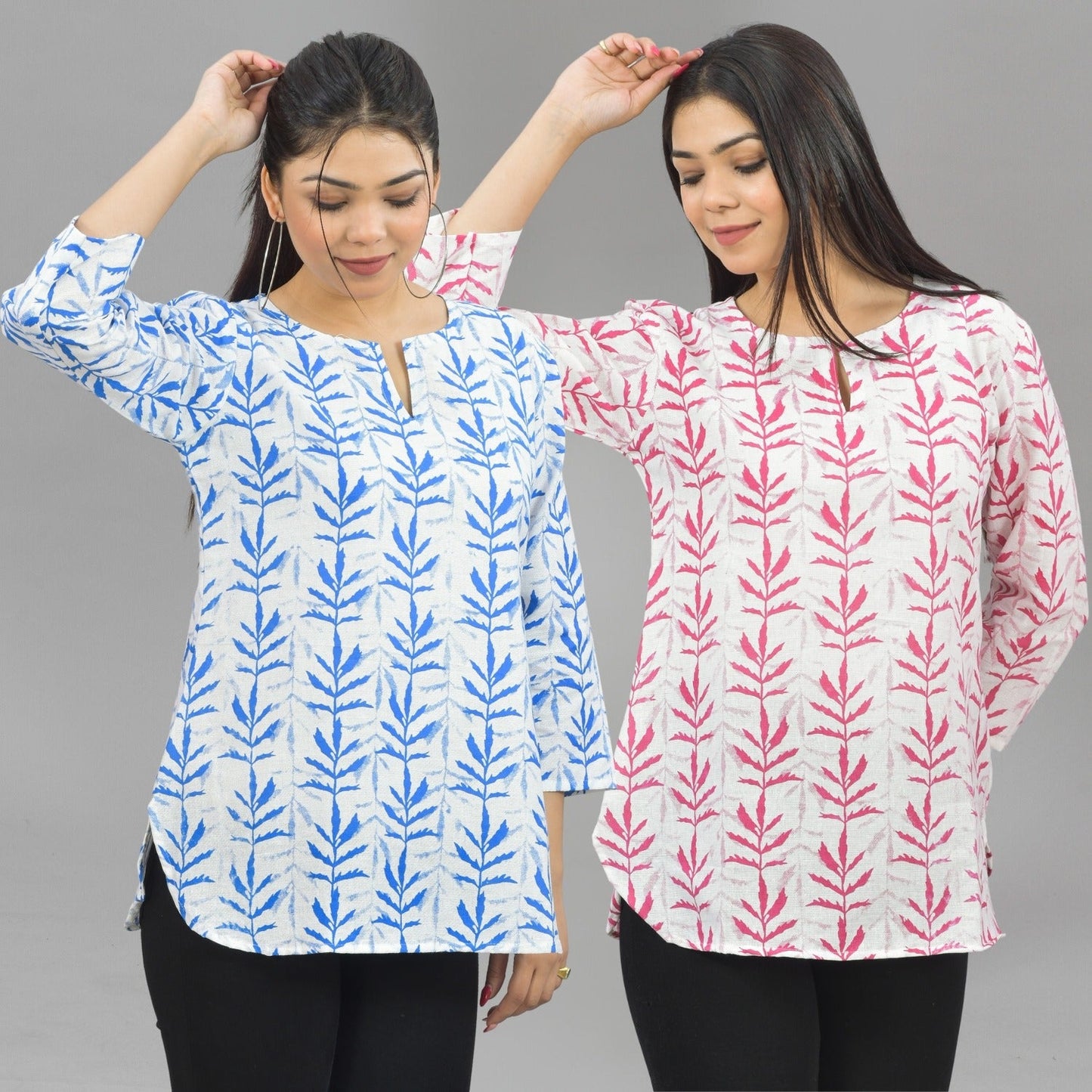 Pack Of 2 Womens Regular Fit Blue Leaf And Pink Leaf Printed Tops Combo