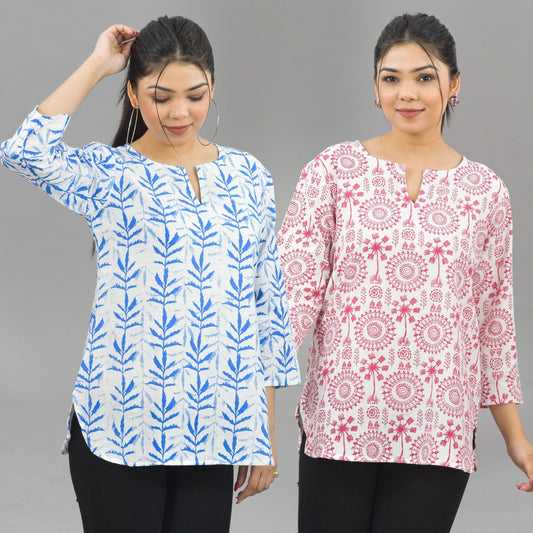 Pack Of 2 Womens Regular Fit Blue Leaf And Pink Tribal Printed Tops Combo