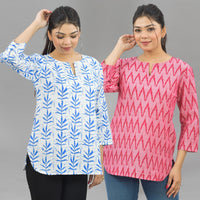 Pack Of 2 Womens Regular Fit Blue Leaf And Pink Zig Zag Printed Tops Combo