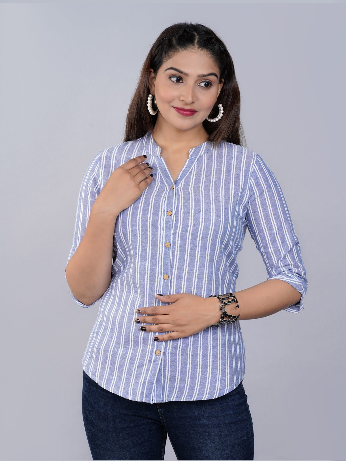 Pack Of 2 Womens Blue And Turquoise Mangoline Striped Casual Shirt