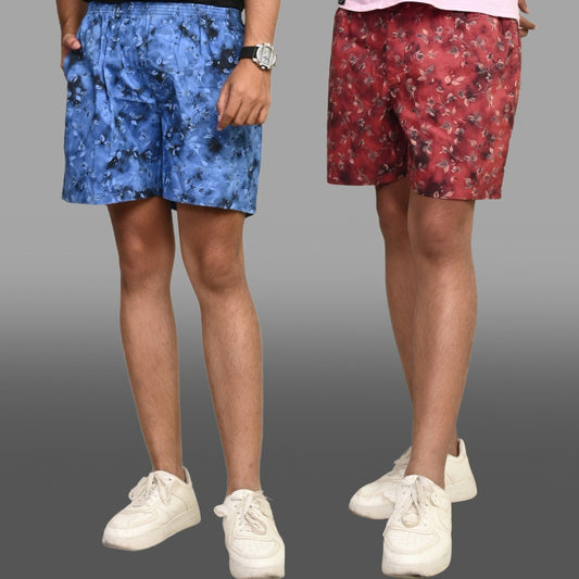 Pack Of 2 Blue And Maroon Mens Printed Shorts Combo