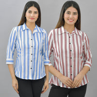 Pack Of 2 Womens Blue And Maroon Spread Collar Striped Shirt Combo