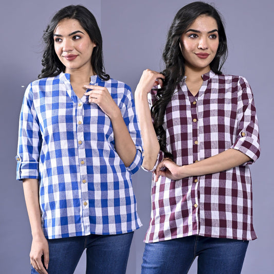 Pack Of 2 Womens Blue And Maroon Chekerd Casual Shirt Combo