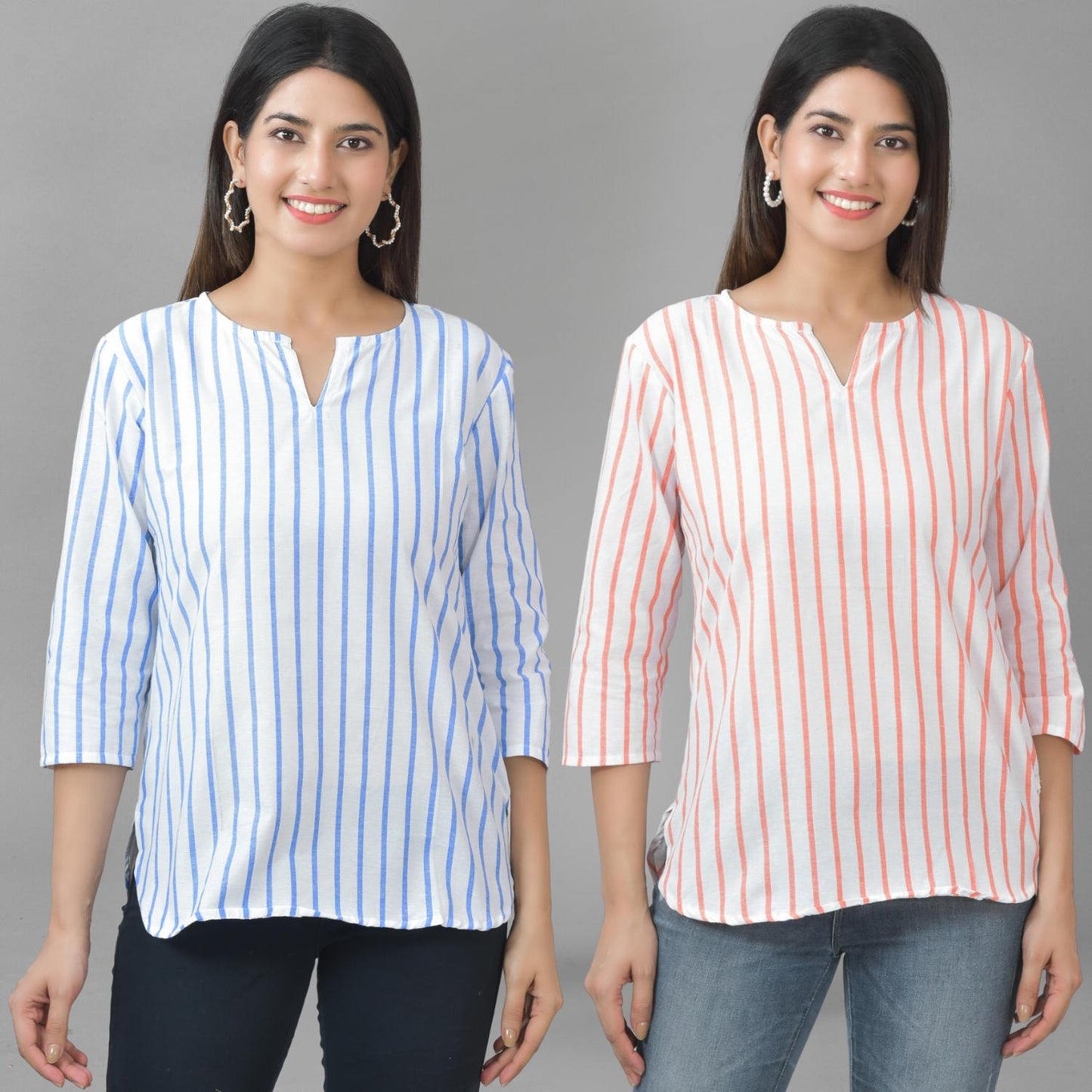 Pack Of 2 Blue And Orange Striped Cotton Womens Top Combo