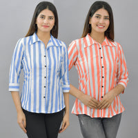 Pack Of 2 Womens Blue And Orange Spread Collar Striped Shirt Combo