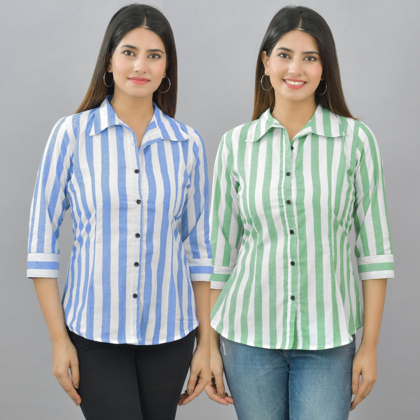 Pack Of 2 Womens Blue And Parrot Green Spread Collar Striped Shirt Combo