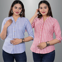 Pack Of 2 Womens Blue And Pink Mangoline Striped Casual Shirt