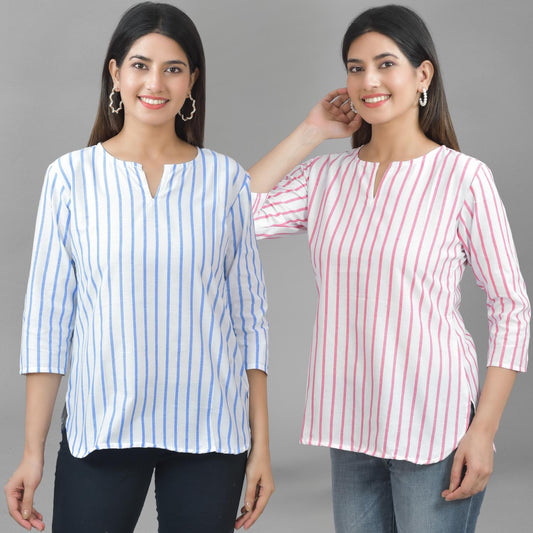 Pack Of 2 Blue And Pink Striped Cotton Womens Top Combo