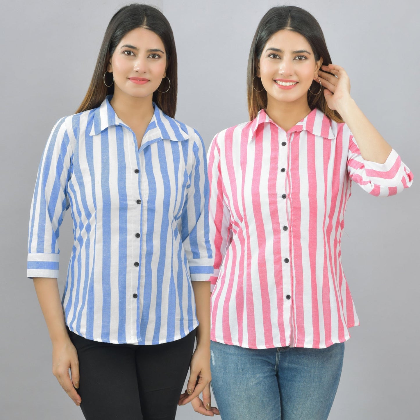 Pack Of 2 Womens Blue And Pink Spread Collar Striped Shirt Combo