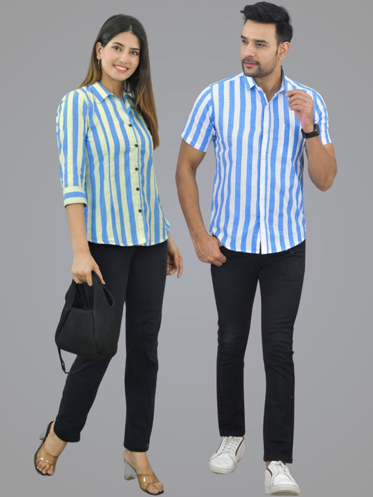 Pack Of 2 Quaclo Couple Blue Striped Cotton Shirts