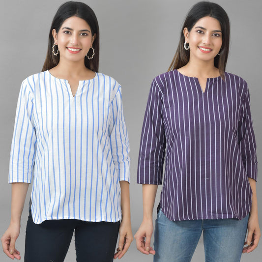 Pack Of 2 Blue And Dark Purple Striped Cotton Womens Top Combo