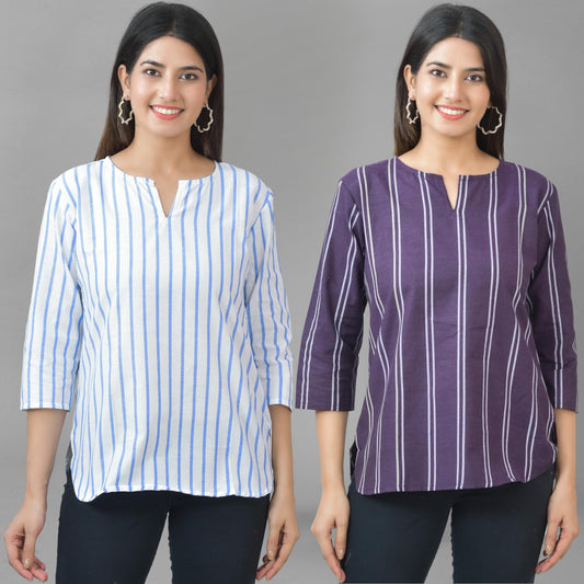 Pack Of 2 Blue And Purple Striped Cotton Womens Top Combo