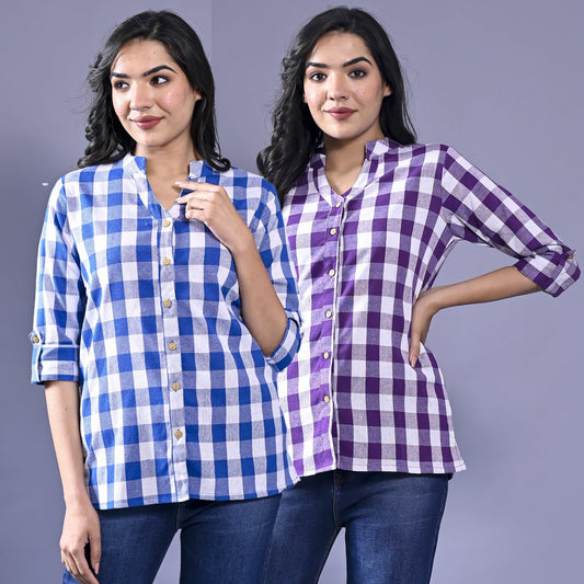 Pack Of 2 Womens Blue And Purple Chekerd Casual Shirt Combo