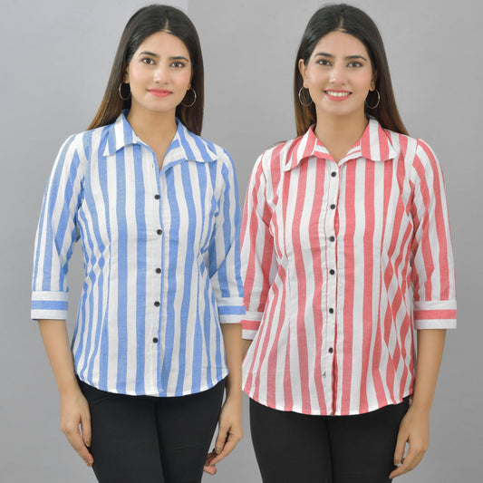 Pack Of 2 Womens Blue And Red Spread Collar Striped Shirt Combo