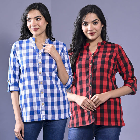 Pack Of 2 Womens Blue And Red Chekerd Casual Shirt Combo