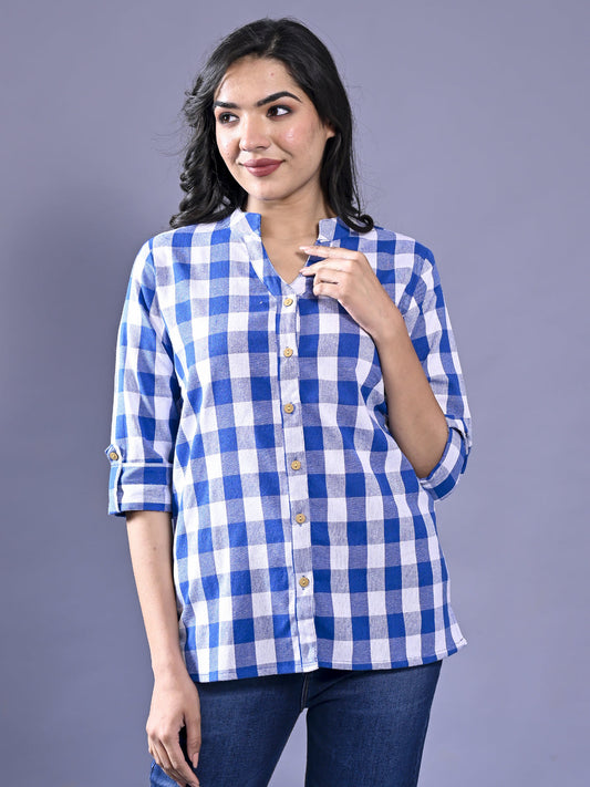 Women Regular Fit Blue Checkered Mandarin Collar Casual Shirt