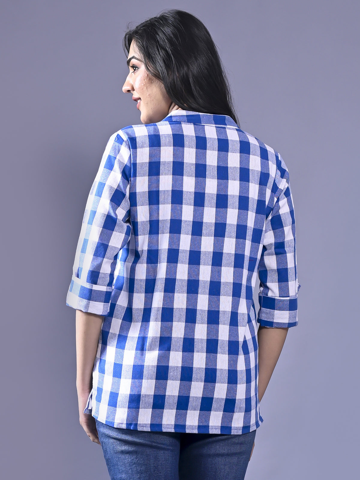 Women Regular Fit Blue Checkered Mandarin Collar Casual Shirt