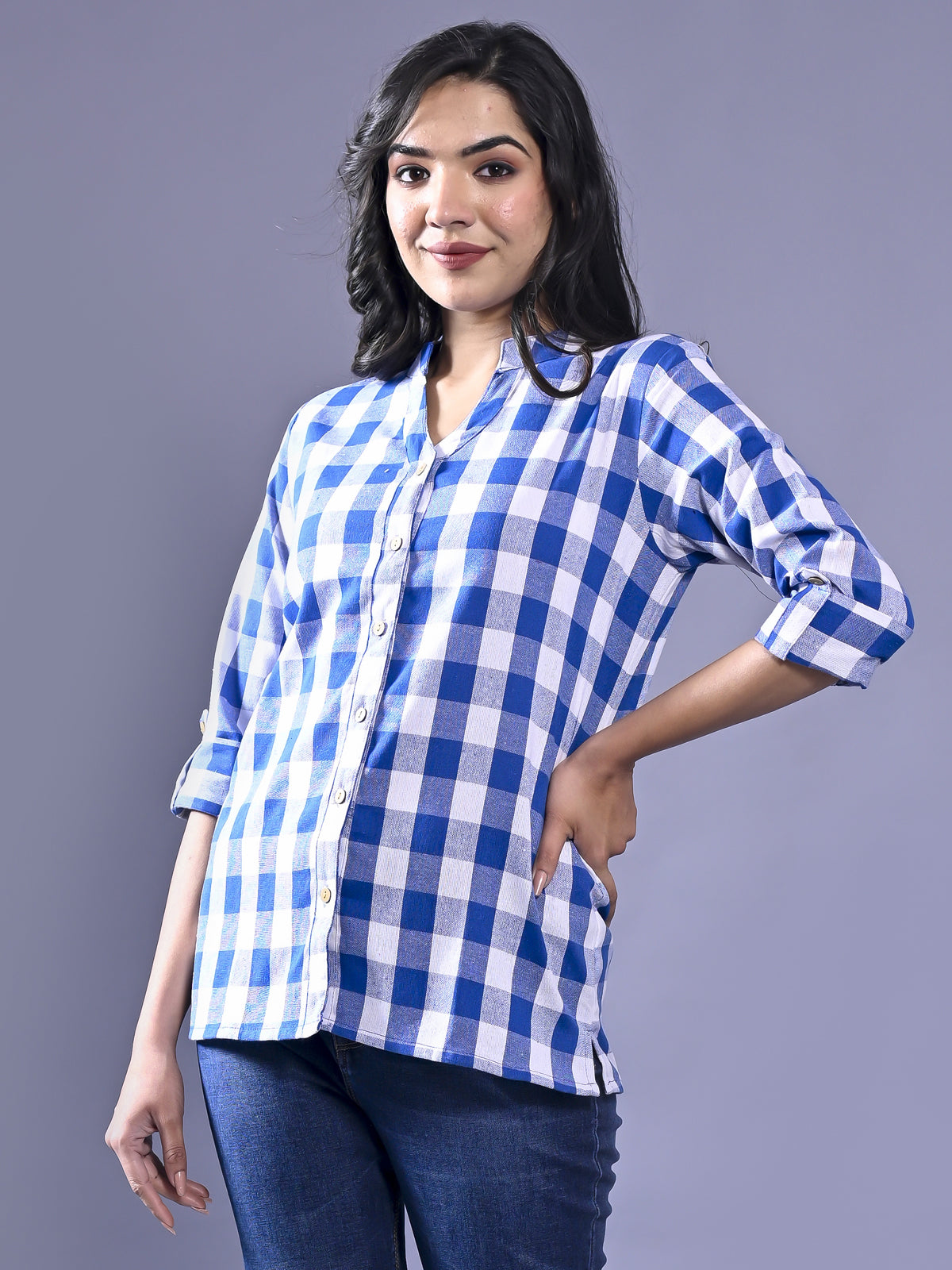 Women Regular Fit Blue Checkered Mandarin Collar Casual Shirt