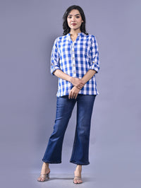 Women Regular Fit Blue Checkered Mandarin Collar Casual Shirt