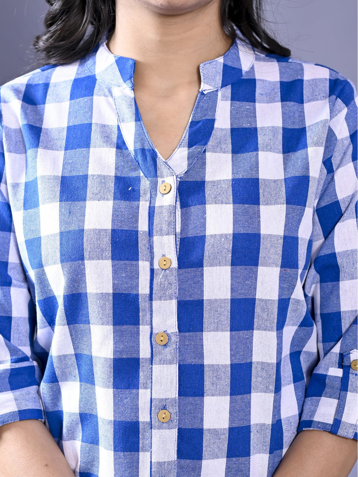 Women Regular Fit Blue Checkered Mandarin Collar Casual Shirt