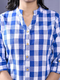 Women Regular Fit Blue Checkered Mandarin Collar Casual Shirt