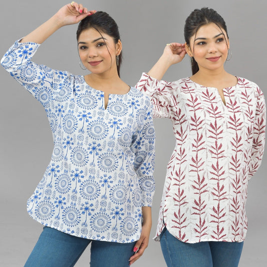 Pack Of 2 Womens Regular Fit Blue Tribal And Maroon Leaf Printed Tops Combo