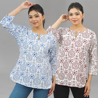 Pack Of 2 Womens Regular Fit Blue Tribal And Maroon Tribal Printed Tops Combo