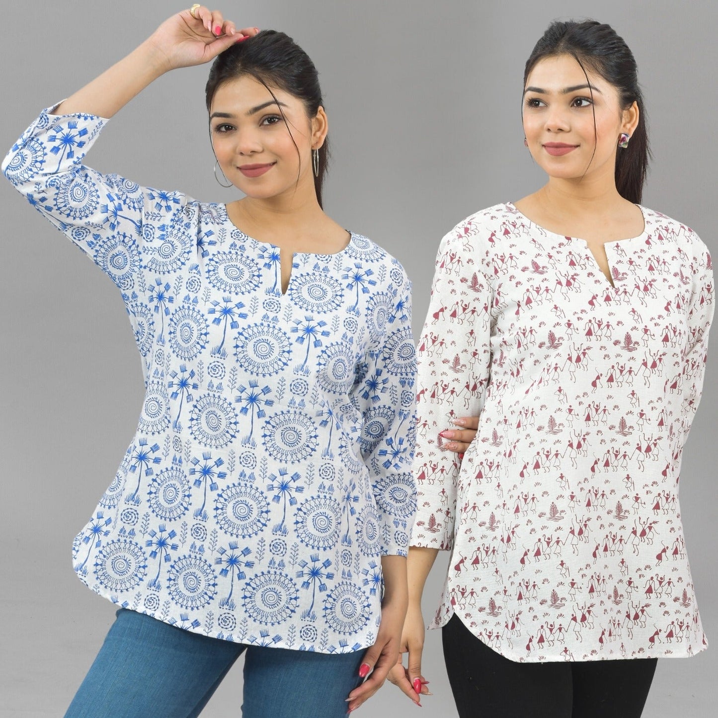 Pack Of 2 Womens Regular Fit Blue Tribal And Maroon Vector Printed Tops Combo