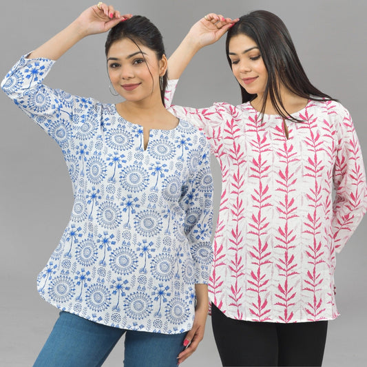 Pack Of 2 Womens Regular Fit Blue Tribal And Pink Leaf Printed Tops Combo