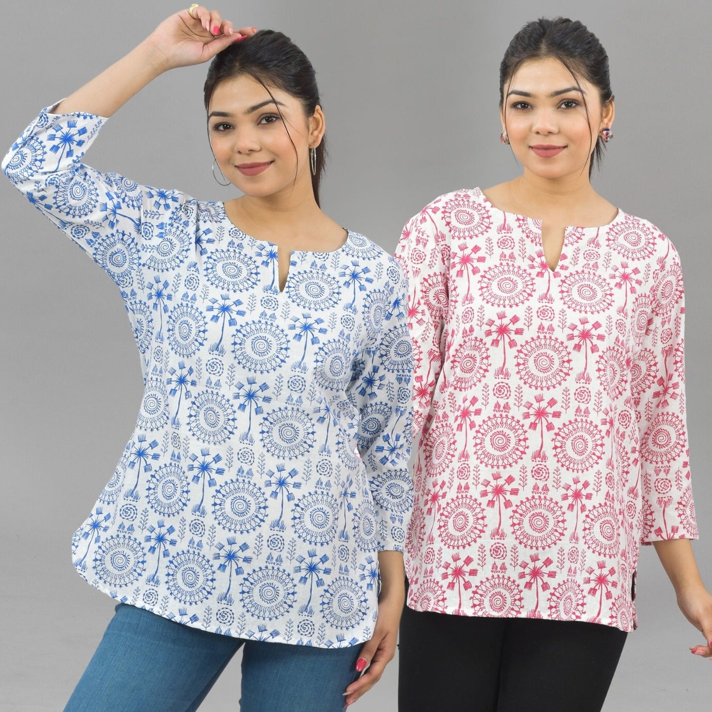 Pack Of 2 Womens Regular Fit Blue Tribal And Pink Tribal Printed Tops Combo