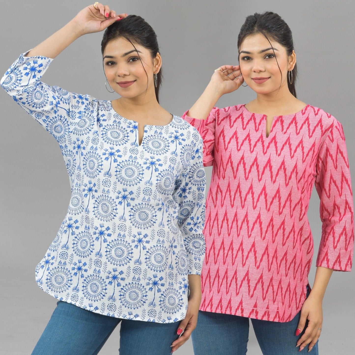 Pack Of 2 Womens Regular Fit Blue Tribal And Pink Zig Zag Printed Tops Combo