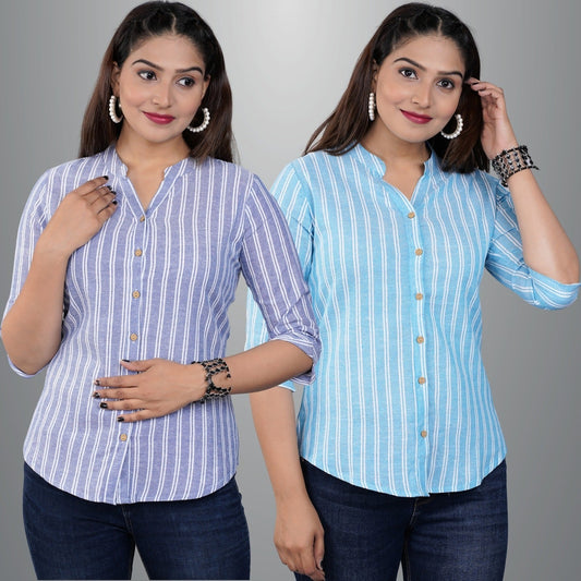 Pack Of 2 Womens Blue And Turquoise Mangoline Striped Casual Shirt