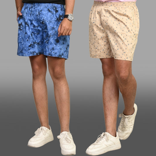 Pack Of 2 Blue And Yellow Mens Printed Shorts Combo