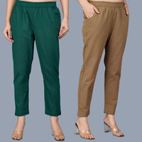 Pack Of 2 Womens Regular Fit Bottle Green And Brown Fully Elastic Waistband Cotton Trouser