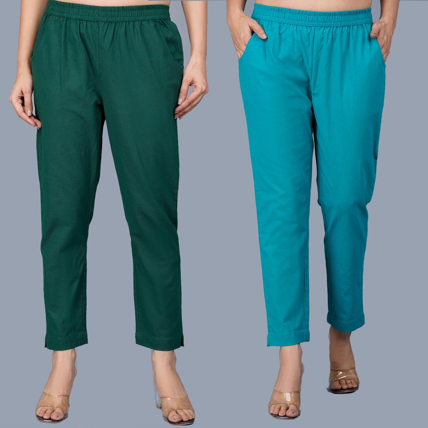 Pack Of 2 Womens Regular Fit Bottle Green And Cyan Fully Elastic Waistband Cotton Trouser