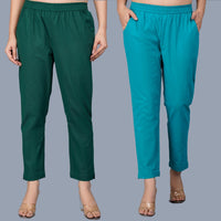 Pack Of 2 Womens Regular Fit Bottle Green And Cyan Fully Elastic Waistband Cotton Trouser