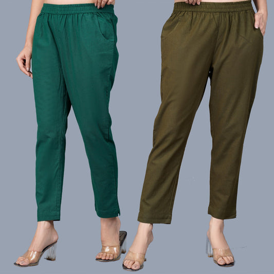 Pack Of 2 Womens Regular Fit Bottle Green And Dark Green Fully Elastic Waistband Cotton Trouser