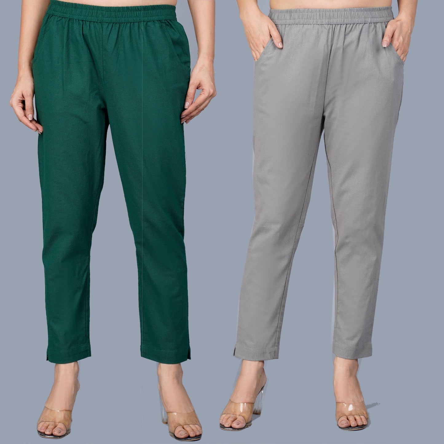 Pack Of 2 Womens Regular Fit Bottle Green And Grey Fully Elastic Waistband Cotton Trouser