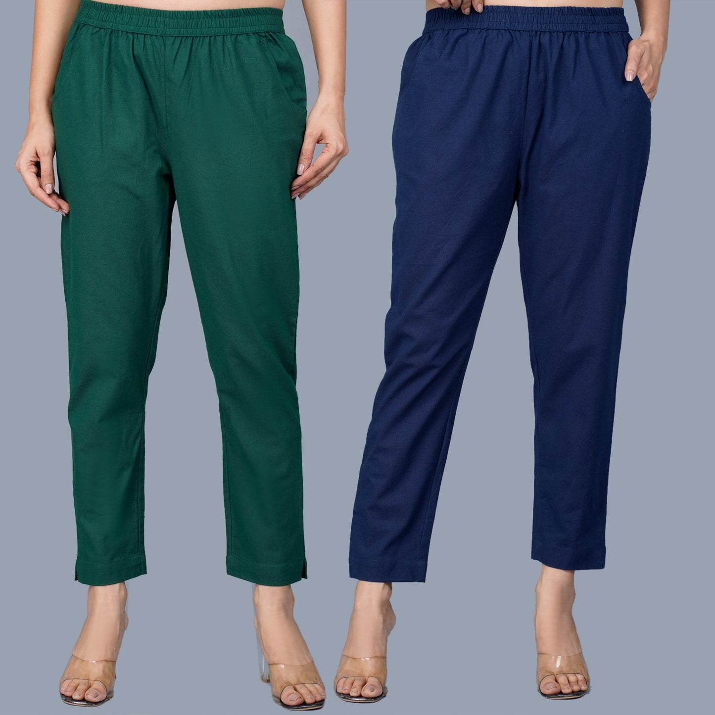 Pack Of 2 Womens Regular Fit Bottle Green And Navy Blue Fully Elastic Waistband Cotton Trouser