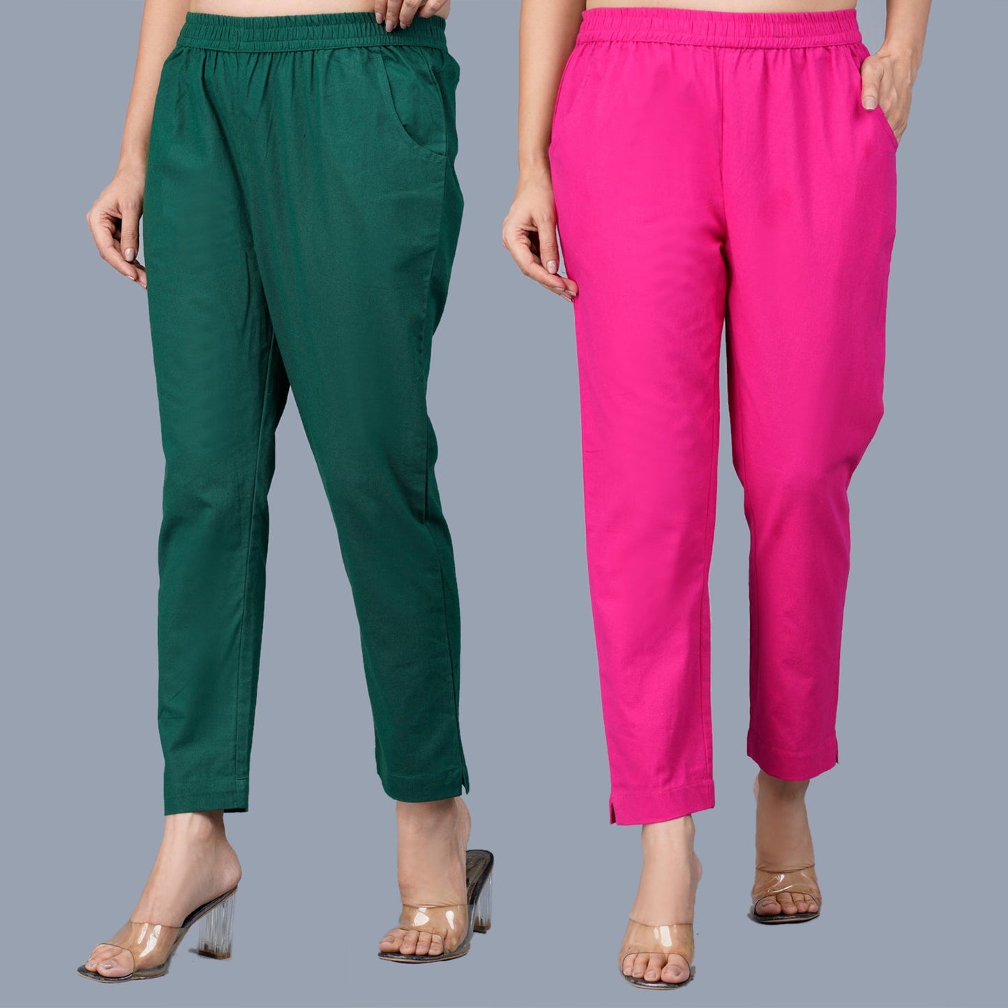 Pack Of 2 Womens Regular Fit Bottle Green And Rani Fully Elastic Waistband Cotton Trouser